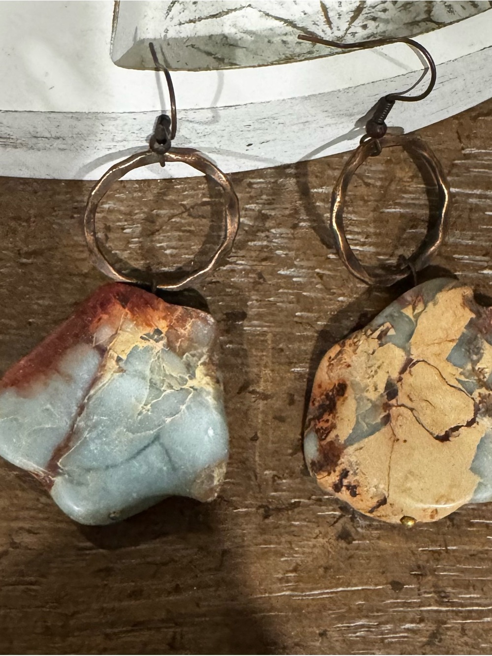 Artisan Copper Hoop Earrings with Blue-Green and Tan Stone Drops